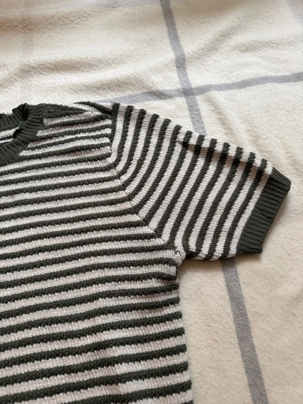 LOFT Striped Short Sleeve Knit Top in Olive and Cream